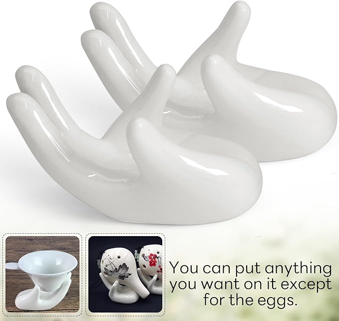2 Pcs Creative Ceramic Egg Stands, Porcelain Egg Holders Hand Shaped Egg Cups Holder for Hard Boiled Eggs in Living Room, Restaurant and Dining Table for Breakfast, Display