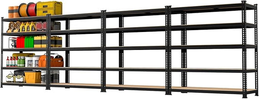 71" H x 35.5" W x 16" D 5-Tier Metal Storage Shelves: Heavy Duty Garage Shelving Adjustable Shelves for Storage - Black Utility Rack Shelf for Pantry, Warehouse, Office, Kitchen, 4PCS