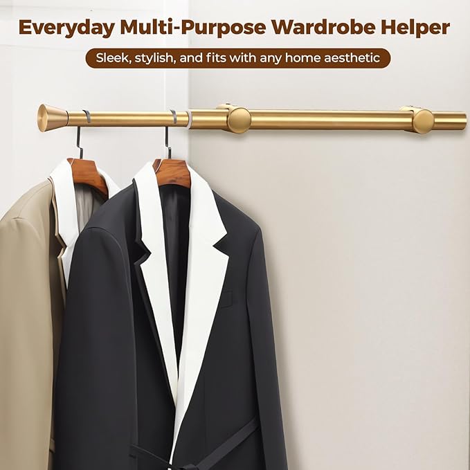 12" Pull-Out Valet Rod for Closet Organization, Add Extra Hanging Space 304 Stainless Steel Closet Rods, Space-Saving Design for Small Closets, Golden