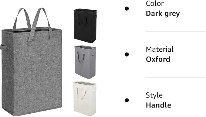 ZERO JET LAG Slim Laundry Hamper With Handles Collapsible Laundry Basket Thin Dirty Clothes Basket Narrow Laundry Bag Foldable Dirty Cloth Hamper 45L (24 inches,Dark Grey)
