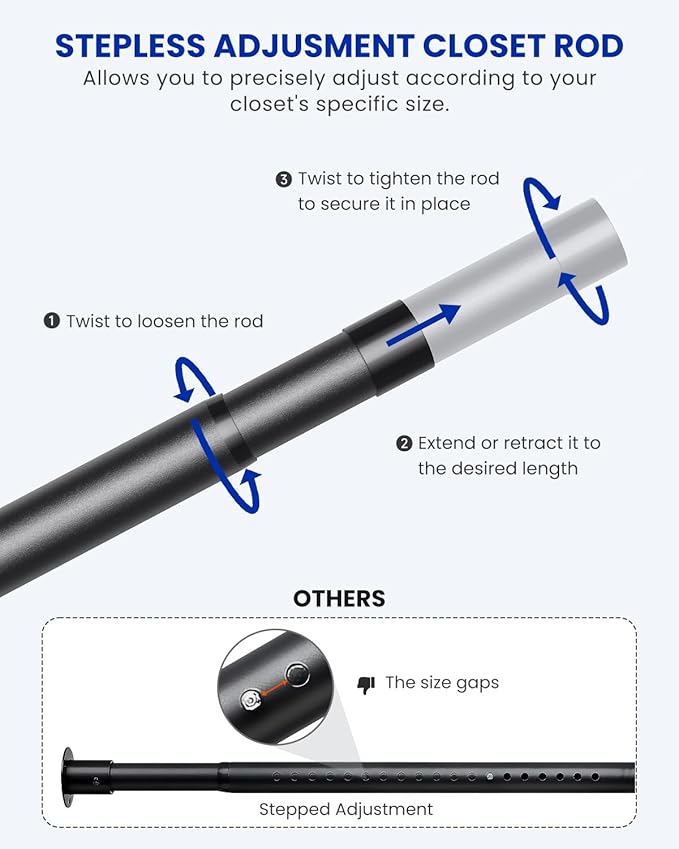 Supforce Closet Rods for Hanging Clothes, 17 to 129 Inches Stepless Adjustable Metal Closet Rod, 1.3 Inches Heavy Duty Clothes Hanging Rod for Closet Wardrobes Laundry RV, Black