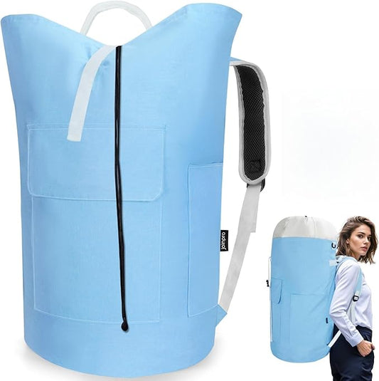 Laundry Backpack Bag 125L Extra Large, Heavy Duty for College Dorm & Apartment, Durable Thick Material Laundry Hamper with Padded Straps for Easy Carry, 3 Pockets for Travel & Laundromat (Light Blue)