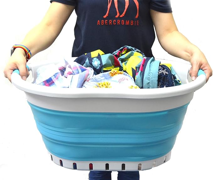 SAMMART 36L (9.5 gallon) Collapsible 3 Handled Plastic Laundry Basket-Foldable Pop Up Storage Container/Organizer-Space Saving Basket (3 handled Oval, Grey/Bright Blue)