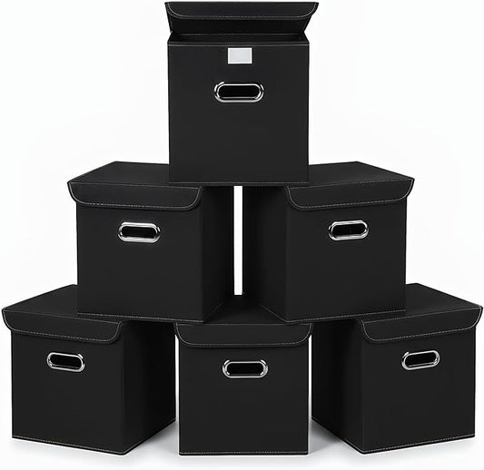 Closet Organizers Fabric Storage Bins With Lids Collapsible Cube Storage Organizer Basket With Handles,Storage Boxes for Clothes Storage,Office,Laundry,Shelves,6 Pack,（Black