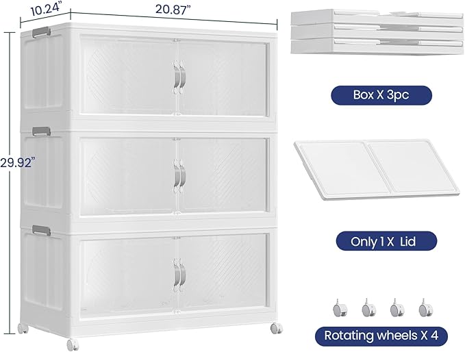 45Gal/180QT 3-Tiers Extra Large Stackable Storage Bins with Lid, Collapsible Cabinet Closet Organizer Plastic Container Box with Wheels Doors Drawers for Office Dorm Kitchen, White