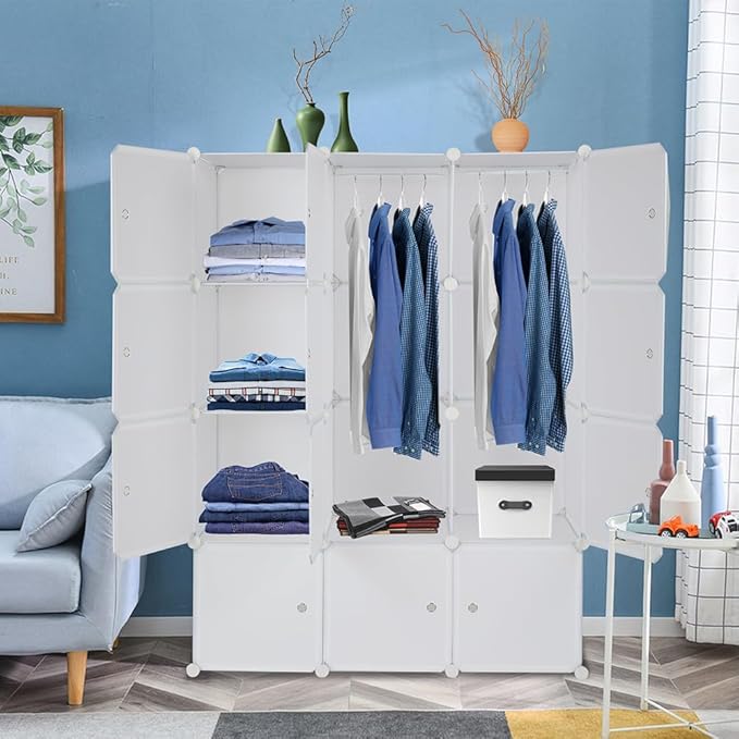 12 Cube Storage Organizer, Stackable Storage Shelves with Hanging Rod Customizable Closet Cabinet Durable Steel Frame Multi-Use DIY Design 13.8 inch Panels Max 10lb Capacity per Cube White