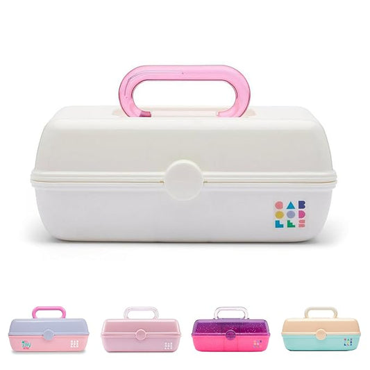 Caboodles Pretty in Petite Makeup Box, Two-Tone White on White, Hard Plastic Organizer Box, 2 Swivel Trays, Fashion Mirror, Secure Latch for Safe Travel