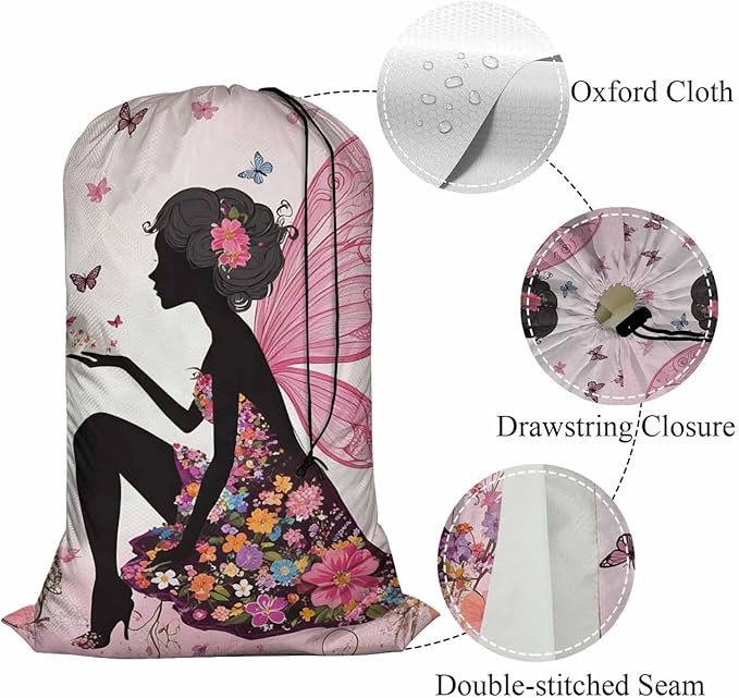 Swono Extra Heavy Duty Laundry Bag Butterfly Girl Fairy, Cartoon Flower Magic Silhouette X-Large Dirty Clothes Drawstring Bag, Washable Laundry Liner for Hamper, Ideal for Camp, Travel