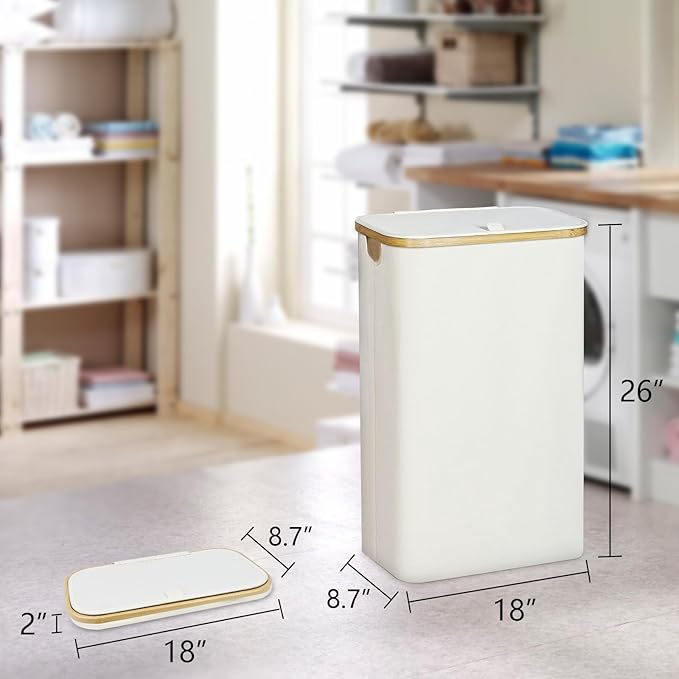 Slim Laundry Hamper with Lid - 60L Narrow Laundry Hamper with Lid, Dirty Clothes Hamper Small Hampers for Small Space, Slim Laundry Basket with Bamboo Handle (Beige)