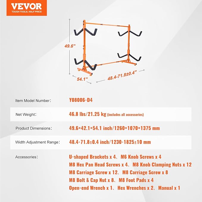 VEVOR Kayak Storage Rack, Heavy Duty Adjustable Freestanding Stand with Lockable Wheels for Indoor Outdoor Garage Shed Dock, Holder for Canoe, SUP, Surfboard & Paddleboard
