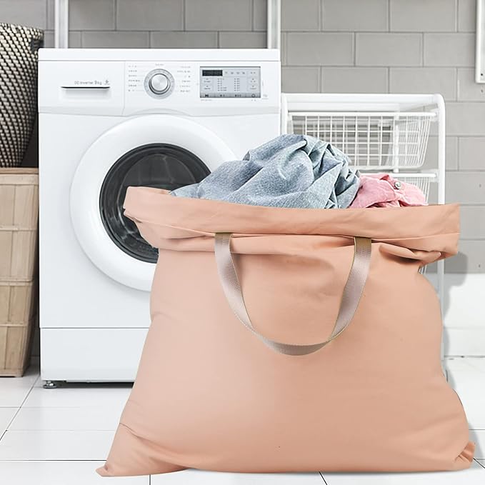 Sanlykate Large Canvas Cotton Laundry Bag with Drawstring & Handles, Heavy Duty Durable Dirty Clothes Organizer, Tear Resistant Hamper Liner Storage Bag, Travel Sack, 25.5 x 34inch - Misty Rose