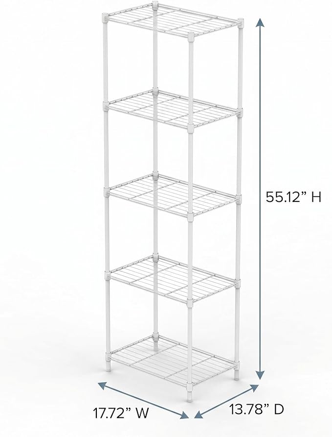 5-Tier Metal Storage Shelving Unit, 55" H Compact Wire Rack with Adjustable Leveling Feet, Standing Organizer for Kitchen Pantry Closet Laundry, 13.78" D x 17.72" W x 55.12" H
