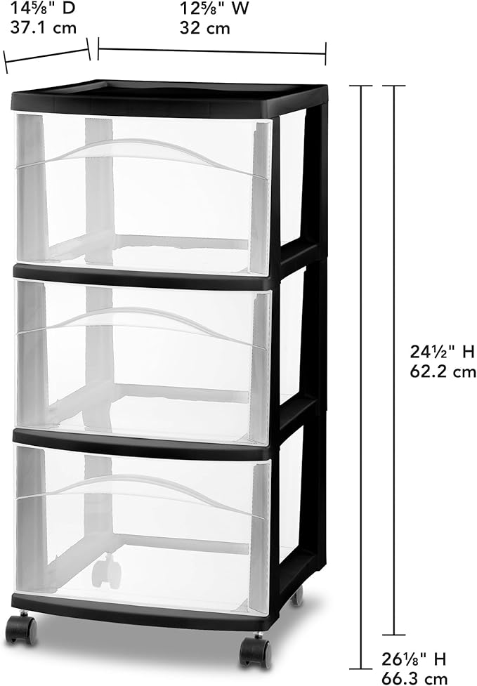 Sterilite 2 Pack 3 Drawer Storage Cart, Plastic Medium Organizer with Wheels, Black - Multipurpose Bin for Crafts, Accessories, or Office Supplies