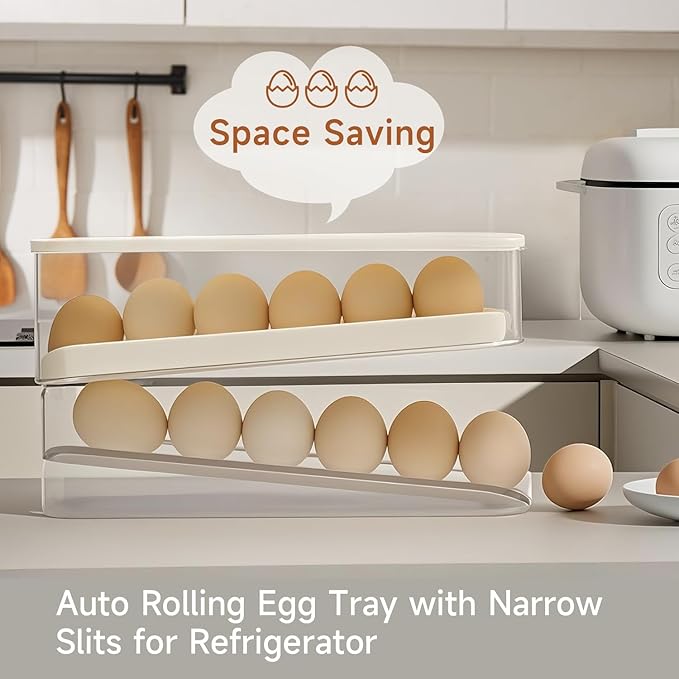 Rolling Egg Holder for Fridge, Egg Dispenser for Refrigerator, Automatic Rolling Storage Container for Countertop, Kitchen & Outdoor Use (3.35"x3.74"x11.02") 2 Pack