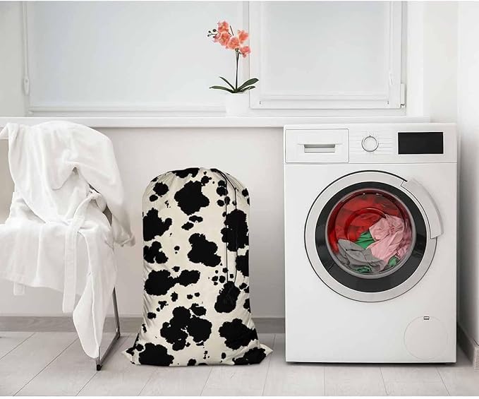 Swono Cowhide Drawstring Closure Dirty Clothes Bag Organizer, Heavy Duty Large Laundry Bag, Animal Skin Camouflage Mammals Fur Rip-Stop Bags for Camp Travel, Machine Washable, Wildlife