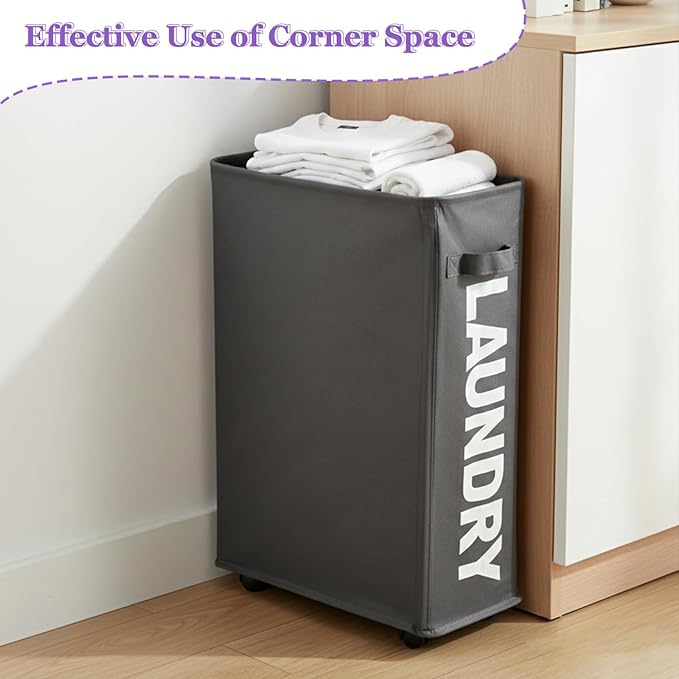 42L Narrow Rolling Laundry Basket, Slim Laundry Hamper with Wheels and Brake, Collapsible Skinny Laundry Cart for Dorm and Small Spaces, Dark Gray