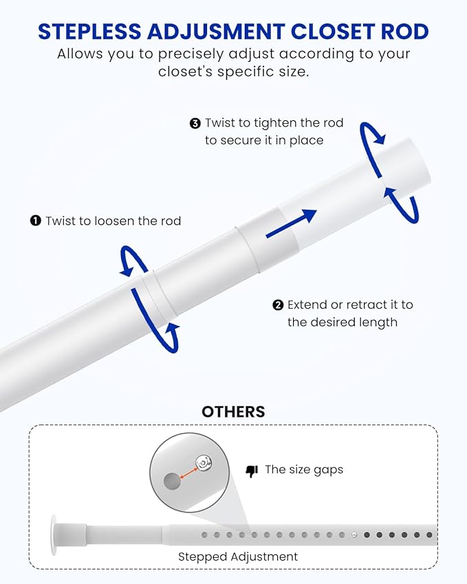Supforce Closet Rods for Hanging Clothes, 17 to 99 Inches Stepless Adjustable Metal Closet Rod, 1.3 Inches Heavy Duty Clothes Hanging Rod for Closet Wardrobes Laundry RV, White