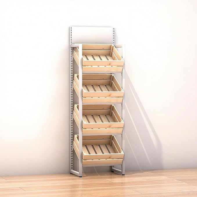 3/4 Tier Fruits & Vegetables Kitchen Shelf Rack Display,Retail Snack Stand, Large Solid Wood Floor Multi-layer Storage Frame for Commercial Supermarket(B-4 Tier)