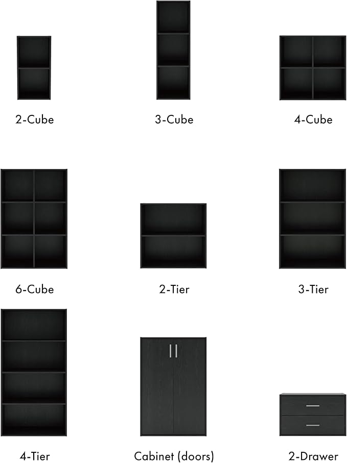 Homes: Inside + Out Apexa 3-Tier Cube Storage Organizer Shelves, Stackable Wood Bookcase Fits Cubby Bins for Organization, Dorm Teen Room Decor & Home Office, Black