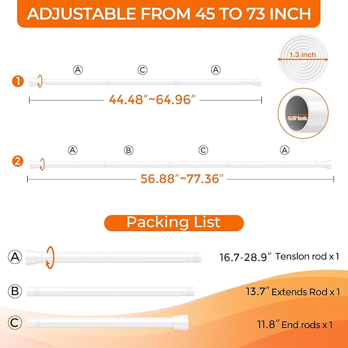 2Pack Spring Tension Curtain Rod 45 to 76 Inch 7/8" Diameter No Drilling Adjustable White Curtain Rods for Window Doorway Closet Door Kitchen Bathroom