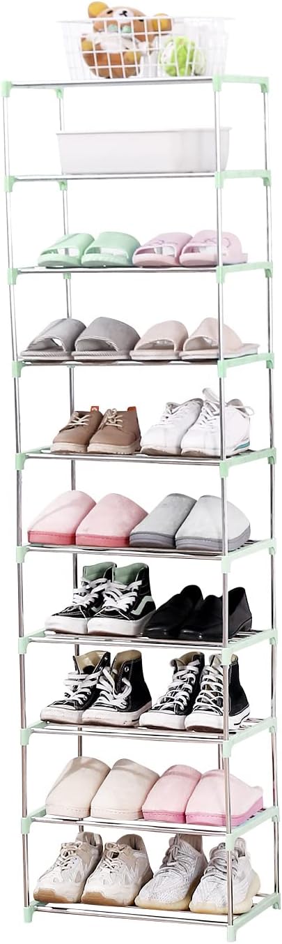 Jucaifu Stackable Small Shoe Rack, Entryway, Hallway and Closet Space Saving Storage and Organization (10-Tier, Green)