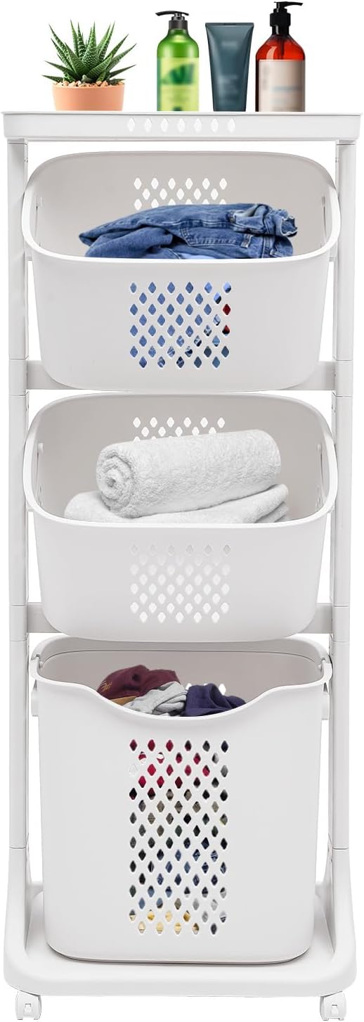3 Tier Laundry Hamper Basket Sorter, Clothes Storage with Wheels Removable Storage Basket, Laundry Sorter Cart with Handle, Freestanding Clothes Hamper Organizer for Bathroom, Bedroom