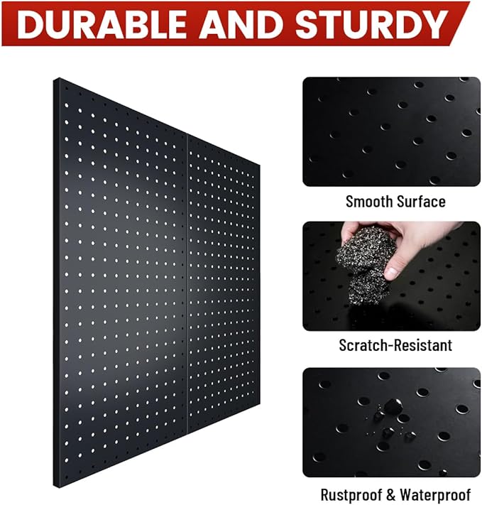Pegboard, Metal Peg Board, 24x12 inch Black Pegboard with 38 Pcs Hooks, Sturdy Peg Board for Garage Tool Organization, Home & Office Wall Decoration (Black, 2 Pack)