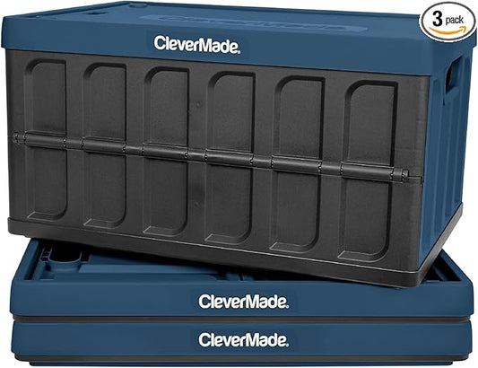 CleverMade Collapsible Storage Bins with Lids (62L, 3 Pack) – Heavy Duty Foldable Plastic Storage Crates for Garage, Closet & Trunk Organization - Ocean