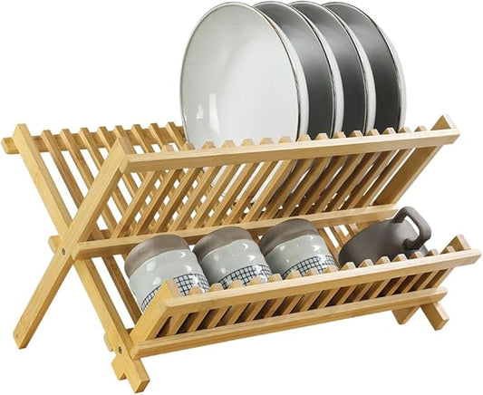 KKTONER Bamboo Dish Drying Rack 2 Tier Foldable Plate Organizer Collapsible Plate Organizer Holder for Kitchen Countertop (Natural)