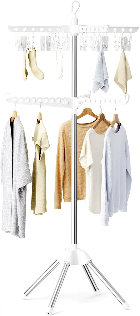Abiglifty Rotatable and Foldable Clothes Drying Rack, Space Saving Free Standing Laundry Drying Rack for Indoor, Balcony, 2 Layer