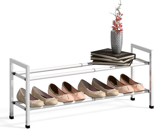 Bumusty 2-Tier Expandable Shoe Rack for Closet, 18“-33” Adjustable Shoe Rack for Small Space, Small Shoe Organizer for Front Door, Sturdy Metal, White