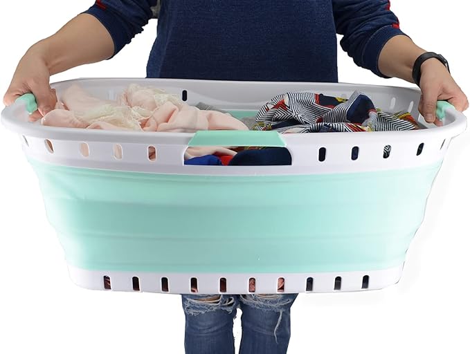 SAMMART 44L (11.62 gallon) Collapsible Plastic Laundry Basket - Foldable Pop Up Storage Container/Organizer - Portable Hamper - Space Saving (1, White/Light Green)