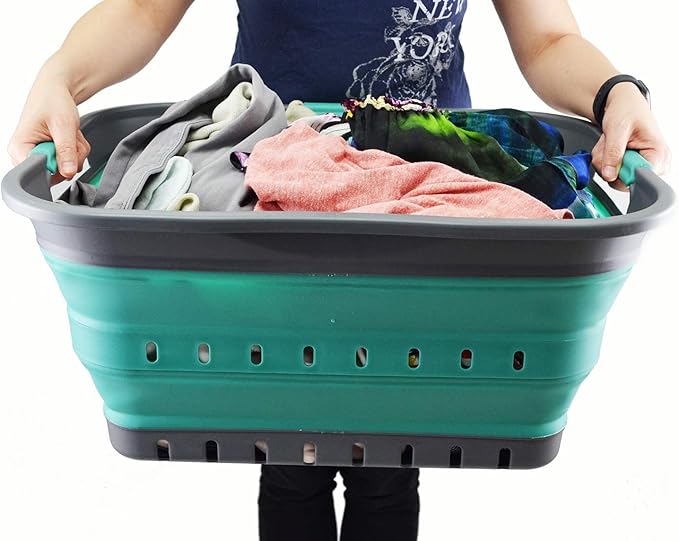SAMMART 42L (11 gallon) Collapsible Plastic Laundry Basket - Foldable Pop Up Storage Container/Organizer - Portable Basket - Space Saving Hamper/Basket (2, Grey/Turquoise Blue)