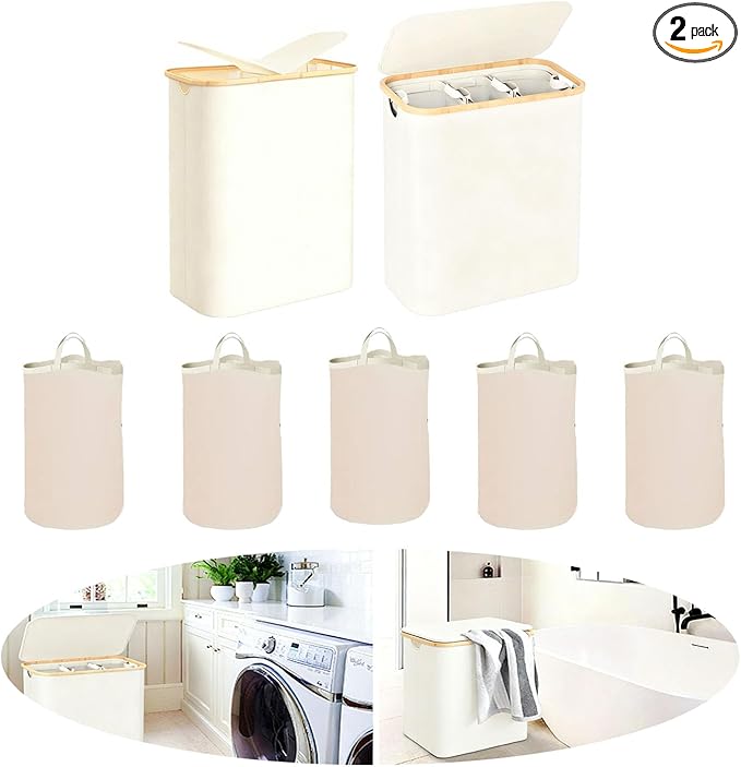 2pcs Laundry Hamper with Wheels, Clothes Hamper with Removable Inner Bag, Large Capacity Space-Saving,Collapsible Dirty Clothes Hamper Organizer Basket for, Bedroom, Bathroom, Laundry Room　(Beige)
