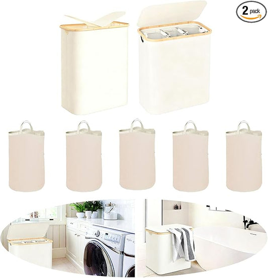 2pcs Laundry Hamper with Wheels, Clothes Hamper with Removable Inner Bag, Large Capacity Space-Saving,Collapsible Dirty Clothes Hamper Organizer Basket for, Bedroom, Bathroom, Laundry Room　(Beige)