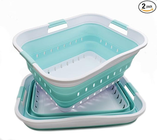 SAMMART 42L (11 gallon) Collapsible Plastic Laundry Basket - Foldable Pop Up Storage Container/Organizer - Portable Basket - Space Saving Hamper/Basket (2, White/Lake Green)
