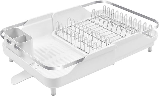 Better Houseware Expandable Dish Drying Rack - Space-Saving Stainless Steel Dish Racks for Kitchen Counter with drainboard and Detachable Cutlery Holder, Large, White
