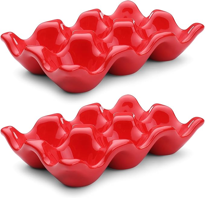 Flexzion Ceramic Egg Tray - 6 Egg Capacity Half Dozen Holder, Red Decorative Serving Dish and Storage Organizer, 2 Pack