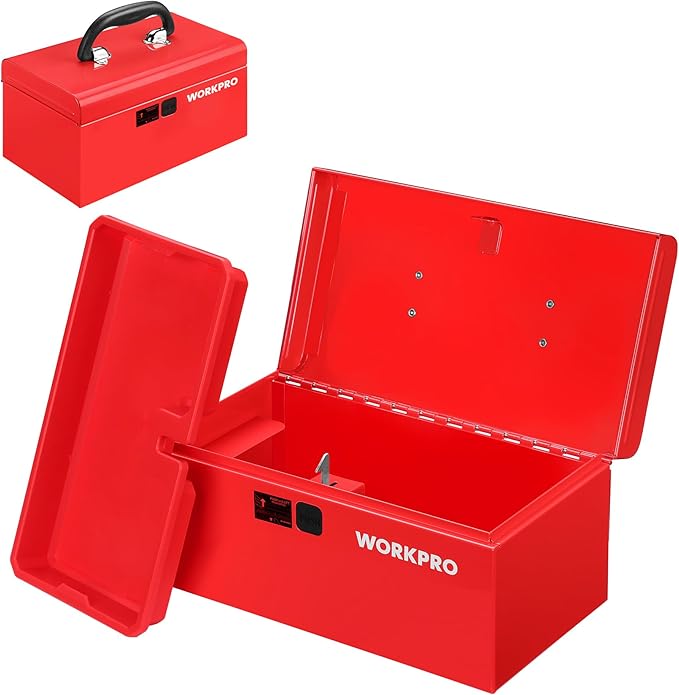WORKPRO 10.8" Portable Mini Metal Tool Box with Removable Color-Matching Tray, One-Button Latch Toolbox, Steel Tool Chest with PP Handle, Compact Storage Organizer for Home, Office or Workshop