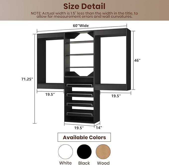 ROOMTEC Modular Closet System, 60" Wall Mounted Closet Organizer with Hanging Rods and Shoe Shelf, Wooden Tower for Walk-In Closets, Wardrobe Storage Kit, Black