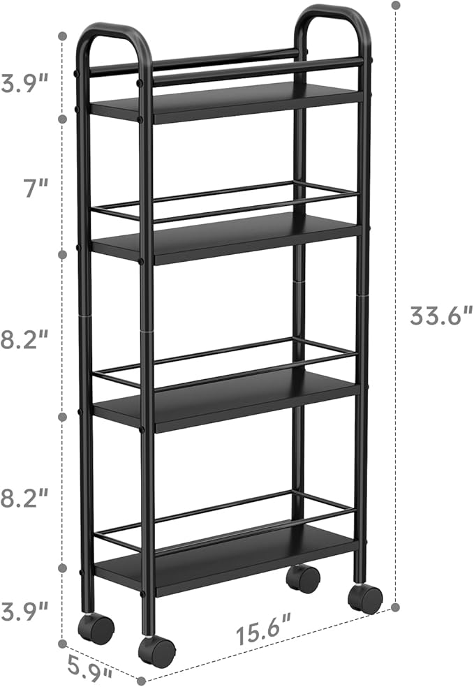 Asgolion Slim Storage Cart, 4-Tier Small Rolling Cart with Wheels, 5.9" Deep, Narrow Bathroom Shelf Trolley for Kitchen, Bathroom, Laundry Room, Black Standard 4-Tier (5.9" W x 33.6" H)