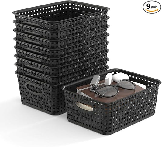 9-Pack Plastic Woven Storage Baskets Set - Black Organizer Bins for Shelves, Kitchen Pantry, Bathroom, Office | 10.1"L x 7.55"W x 4.1"H | Multi-Purpose Shelf Basket Organizers