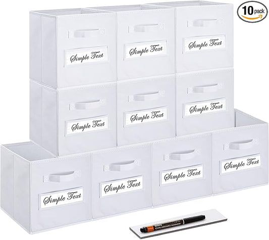 artsdi Fabric storage cubes (Set of 10) 11 Inch Cube Storage Bin, cube storage with 8 Labels Window Cards & a Pen, Foldable cube organizer bins, 11x11 storage bin, Cubby Organizer bins, White