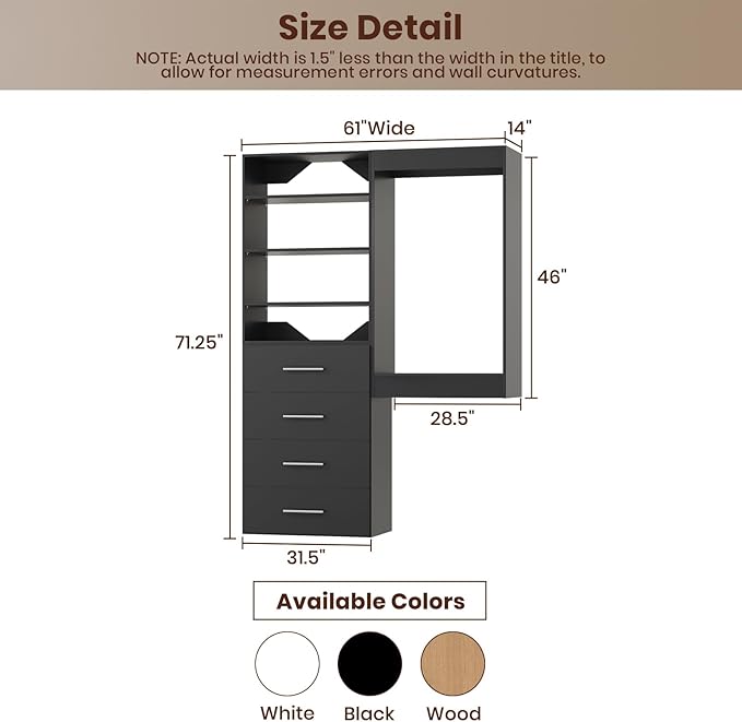 ROOMTEC Modular Closet System, 61" Wall-Mounted Closet Organizer with Drawers and Hanging Rods, Wooden Tower for Walk-In Closets, Wardrobe Storage Kit, Black