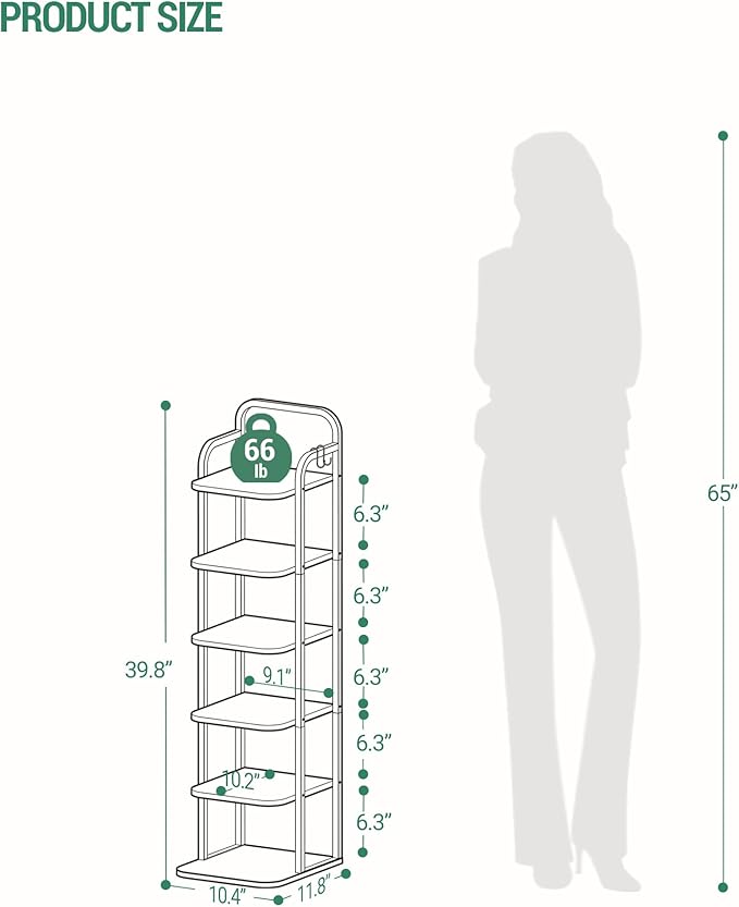 Hzuaneri 6 Tiers Vertical Shoe Rack, Narrow Shoe Tower, Tall Shoes Shelf with 2 Hooks, Adjustable Shelves, Corner Shoes Shelves for Small Spaces, Entryway, Living Room, Greige, SR04205B