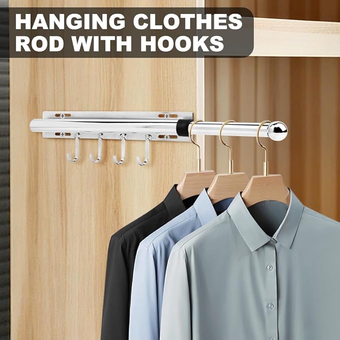 12 Inch Valet Rod for Closet Pull Out, Retractable Slide Out Clothes Hanger with 4 Hooks, Closet Rods for Hanging Clothes Laundry Room, Bedroom, Bathroom(COLOR:Sliver)