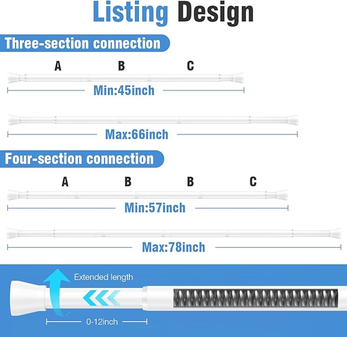 AIZESI 2 Pack Tension Curtain Rod for Windows 45 to 77 Inch, Adjustable Expandable Spring Curtain Rods No Drilling, Non Slip Curtain Rod for Bedroom Doorway Closet, White