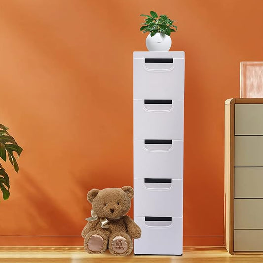 Plastic Storage Cabinet Stackable Storage Cart 5 Drawer Containers Storage Organizer Unit Mobile Stacking Bins [White 7.9"x15.7"x33.1"]
