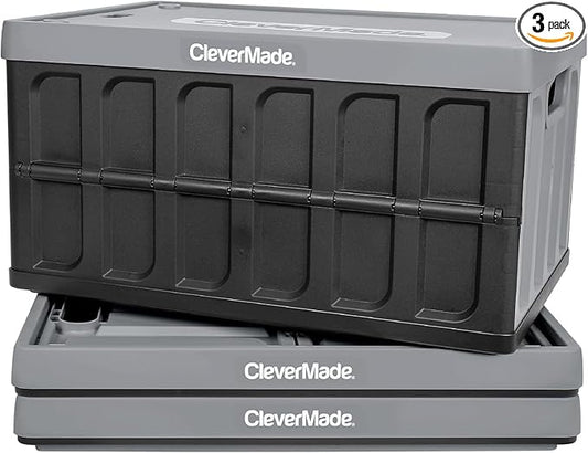 CleverMade Collapsible Storage Bins with Lids (62L, 3 Pack) – Heavy Duty Foldable Plastic Storage Crates for Garage, Closet & Trunk Organization - Stone