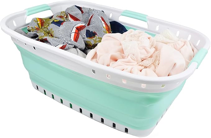 SAMMART 44L (11.62 gallon) Collapsible Plastic Laundry Basket - Foldable Pop Up Storage Container/Organizer - Portable Hamper - Space Saving (1, White/Light Green)